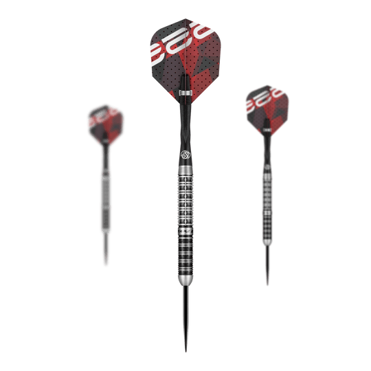 Shot Niels Zonneveld V2 Steeldarts Das Bild zeigt drei Steeldarts des Modells "Shot Niels Zonneveld V2". Die Darts haben silber-schwarze Spitzen und Schäfte sowie rote und schwarze Flights mit Muster.