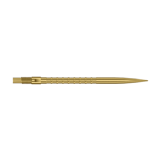 Harrows Quick Point Heavy Metal Dartspitzen - Gold Das Foto zeigt eine 40 mm lange Harrows Quick Point Heavy Metal Grip Dartspitze in Gold. Die Spitze hebt den strukturierten Griff hervor.