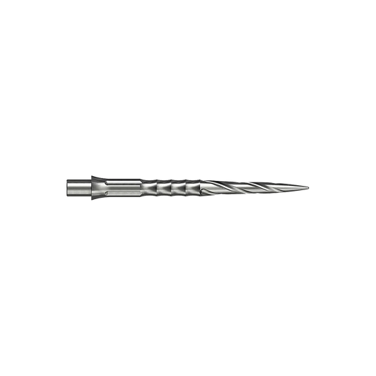 Caliburn System Steeldartspitzen - Spiro - NoLip - Silber Zwei silberne Steeldartspitzen sind abgebildet. Die Spitzen sind 30 mm lang und haben ein Spiro NoLip Design.