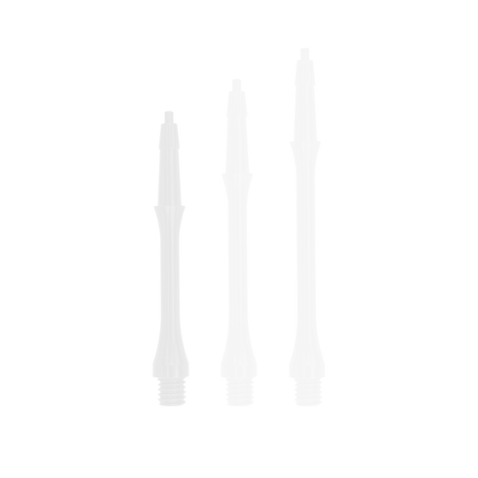 Das Bild zeigt drei weiße, schlanke Harrows Clic Shafts in verschiedenen Längen. Sie sind Ersatzteile für Dartpfeile.