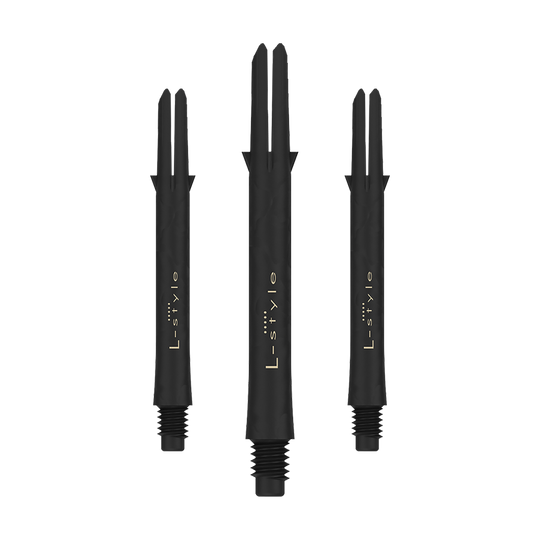 L-Style Carbon Shafts 330 Das Bild zeigt drei schwarze Dartschäfte aus Carbon der Marke L-Style. Die Schäfte sind ohne Kappen und jeweils mit dem Schriftzug "L-style" versehen.