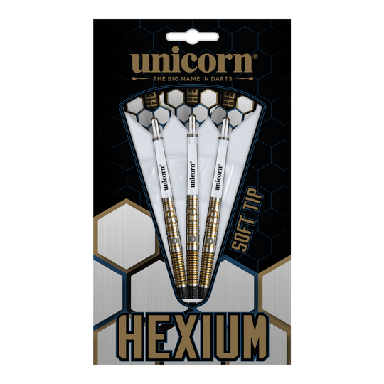Abgebildet sind die Unicorn Hexium Style 03 Gold & Black Softdarts mit 23g. Die Pfeile zeichnen sich durch ihr elegantes Design in Gold und Schwarz aus.