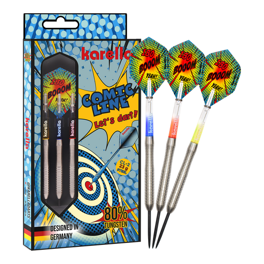 Karella Comic Line CL-2 Steeldarts - 23g Zu sehen ist das vollständige Set der Karella Comic Line CL-2 Steeldarts in 23g. Die Steeldarts bieten eine gute Balance für ambitionierte Spieler.