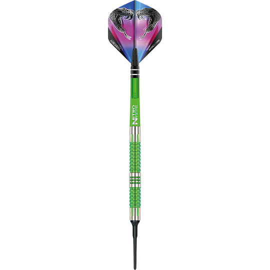 RD1917-Red-Dragon-Peter-Wright-Snakebite-Mamba-2-Softdarts-1ihegDLofLWykx Das Bild zeigt einen Softdart der Marke "Red Dragon Peter Wright Snakebite Mamba 2". Der Dart hat ein auffälliges grünes Griffstück und eine Flight mit Schlangenmotiven.