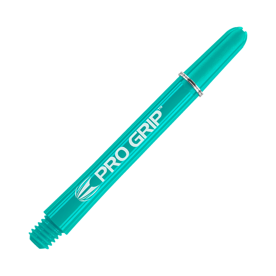 Dies ist ein türkisfarbener Dart-Schaft mit der Aufschrift "PRO GRIP". Er hat ein Schraubgewinde an einem Ende und einen silbernen Ring nahe dem anderen Ende.