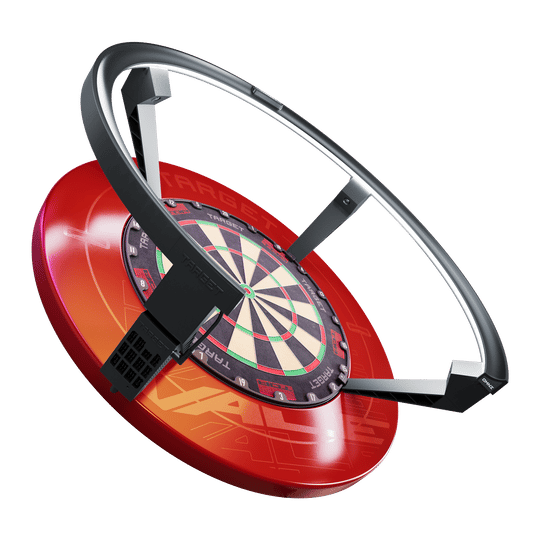 Das Bild zeigt das Produkt "Target OMNI Auto-Scoring-System", ein innovatives automatisches Punktesystem für Dartscheiben. Es besteht aus einem roten Sockel, einer Dartscheibe und einem großen schwarzen Ring, der über der Scheibe angebracht ist.