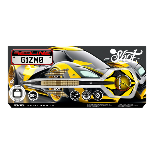 Shot Redline Gizmo Softdarts - 20g Auf dem Bild ist das Produkt "Shot Redline Gizmo Softdarts - 20g" abgebildet. Im Hintergrund ist ein sportliches, gelb-schwarzes Auto zu sehen, das das dynamische Design der Softdarts unterstreicht.