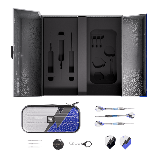 Zu sehen sind die Target Phil Taylor Power X Chrono Swiss Points Steeldarts. Sie bieten eine ausgewogene Balance und optimale Kontrolle.