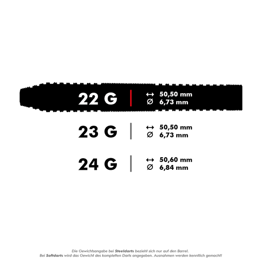 BU17423_Bulls_NL_Dirk_van_Duijvenbode_Steeldarts_5_22g Dieses Bild zeigt die Spezifikationen von Steeldarts in drei verschiedenen Gewichtsklassen: 22g, 23g und 24g. Die Längen und Durchmesser der Darts sind ebenfalls angegeben.