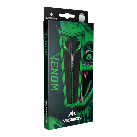Mission Venom Steeldarts Die Abbildung zeigt eine Packung der "Mission Venom Steeldarts". Die Verpackung ist hauptsächlich grün und schwarz gestaltet und zeigt ein auffälliges Schlangendesign.