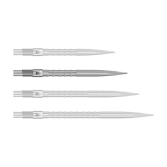 Harrows Quick Point Heavy Metal Dartspitzen - Silber Ein einzelner Harrows Quick Point Heavy Metal Grip Dartspitze in Silber mit 30mm Länge ist abgebildet. Die Dartspitze liegt vor weißem Hintergrund.