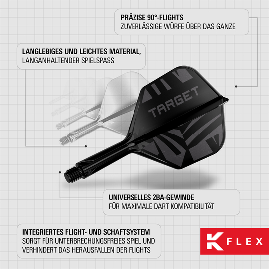 Abgebildet sind die Target K-Flex Black No6 Flights. Diese Flights sind für den Einsatz beim Dartspiel geeignet.