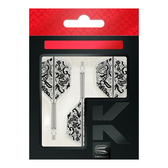 Target Japan K-Flex Diamond No6 Flight-Shaft-System Das Bild zeigt die Verpackung des Produkts "Target Japan K-Flex Diamond No6 Flight-Shaft-System". Zu sehen sind drei transparente Dartschäfte mit weißen Flights, die ein detailliertes, schwarzes Muster haben.