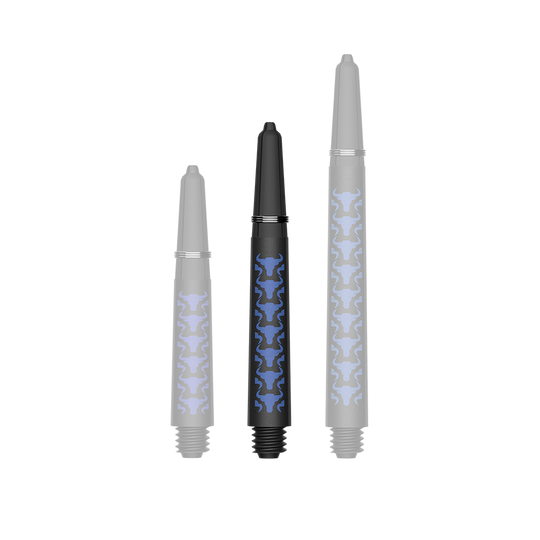 Das Foto zeigt BullsNL Capo Carbon Shafts Blau Short 34mm. Es handelt sich um einen einzelnen Dart-Schaft aus Carbon.