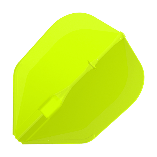 Das Bild zeigt eine neon-gelbe Dartflügel. Die Oberfläche ist glatt und hat eine auffällige, leuchtende Farbe.