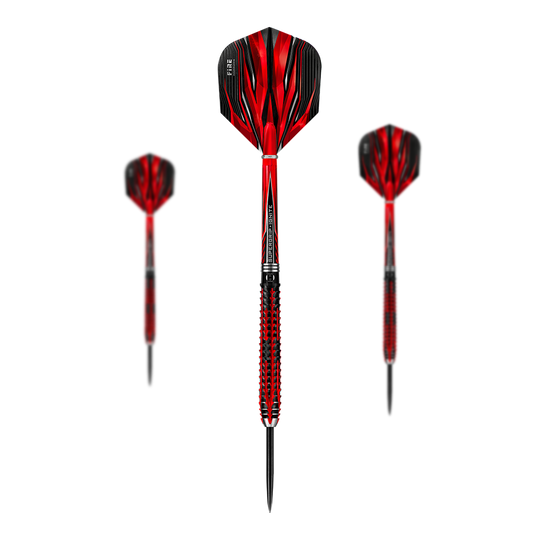 Harrows Fire Inferno Steeldarts Das Bild zeigt drei Harrows Fire Inferno Steeldarts mit auffälligem rot-schwarzem Design. Die Spitzen sind aus Metall und die Flights haben ein flammenartiges Muster.