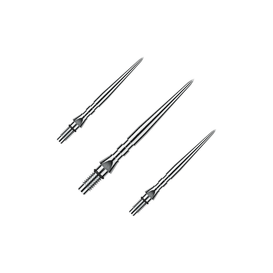 Winmau Switch Point Groove Steeldartspitzen - Silver Effect Auf dem Bild ist ein Set von silbernen Steeldartspitzen mit Rillen zu sehen, wahrscheinlich 'Switch Point Groove Silver Effect' und 26mm lang. Das Set ist für den Einsatz bei Steeldarts gedacht.