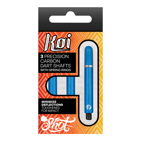 Shot Koi Carbon Shafts - Blau Die Abbildung zeigt eine Verpackung mit drei blauen Carbon-Dartschäften der Marke Koi. Auf der Packung steht, dass die Schäfte Präzision bieten, mit Sprengringen ausgestattet sind und Abweichungen minimieren.