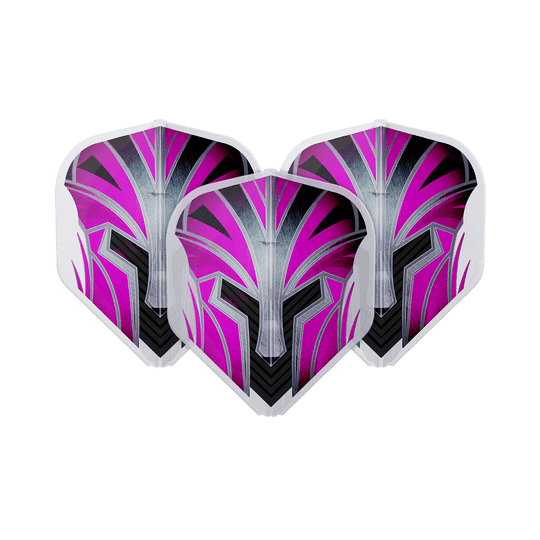 Auf dem Bild sind drei Dart-Flights mit einem modernen, pink-schwarzen Design zu sehen. Sie haben ein auffälliges Muster, das an einen stilisierten Helm erinnert.