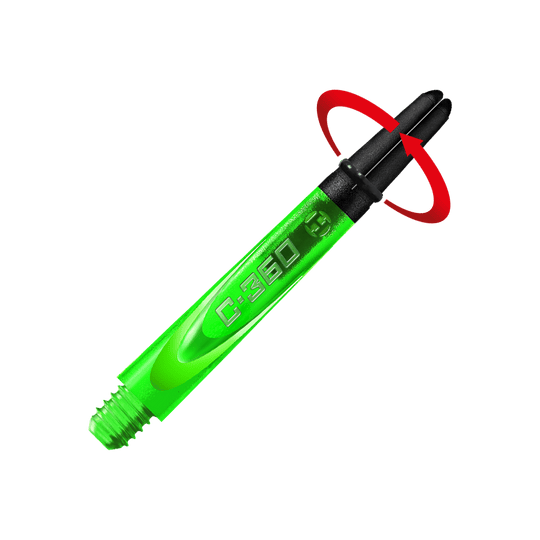 HR453_Harrows_Carbon_360_Shafts_Gr-n_42mm_2_Symbol Das Bild zeigt einen grünen Dart-Schaft mit der Aufschrift "C:360". Der Hintergrund ist in leuchtendem Grün gehalten, und das obere Ende des Schafts ist schwarz.