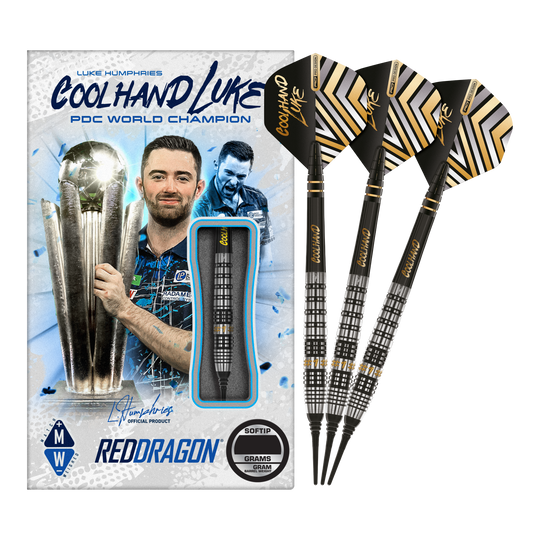 Red Dragon Luke Humphries Prestige Softdarts - 20g Auf dem Bild sind die Red Dragon Luke Humphries Prestige Softdarts mit 20g Gewicht zu sehen. Die Verpackung zeigt ein Bild von Luke Humphries und die Darts sind schwarz mit silbernen und goldenen Details.