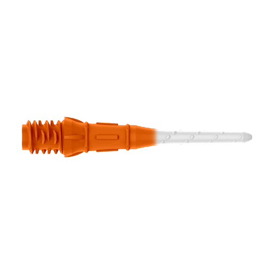 Das Bild zeigt eine zweifarbige Kunststoffspitze, die auf einer Seite orange und auf der anderen weiß ist. Es handelt sich um eine Ersatzspitze für ein elektronisches Dart.