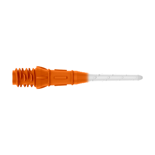 L-Style Premium Two Tone Lippoints (30er Pack)-Orange/Weiß Das Bild zeigt eine zweifarbige Kunststoffspitze, die auf einer Seite orange und auf der anderen weiß ist. Es handelt sich um eine Ersatzspitze für ein elektronisches Dart.