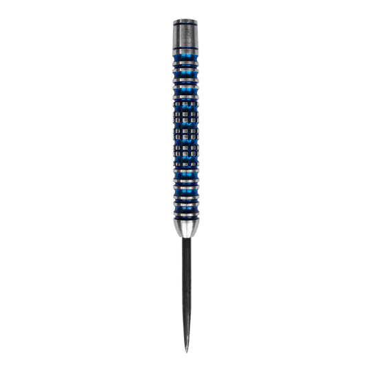 McDart Ocean Steeldart Barrels - 23g Das Bild zeigt ein McDart Ocean Steeldart Barrel mit einem Gewicht von 23g. Der Barrel hat ein silber-blaues Design mit Rillen und einem spitzen Ende.