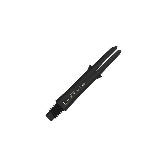 Das Bild zeigt einen schwarzen Carbon-Dartshaft ohne Kappen mit der Aufschrift "L-style". Der Schaft ist 32 mm lang und hat ein Schraubgewinde am Ende.