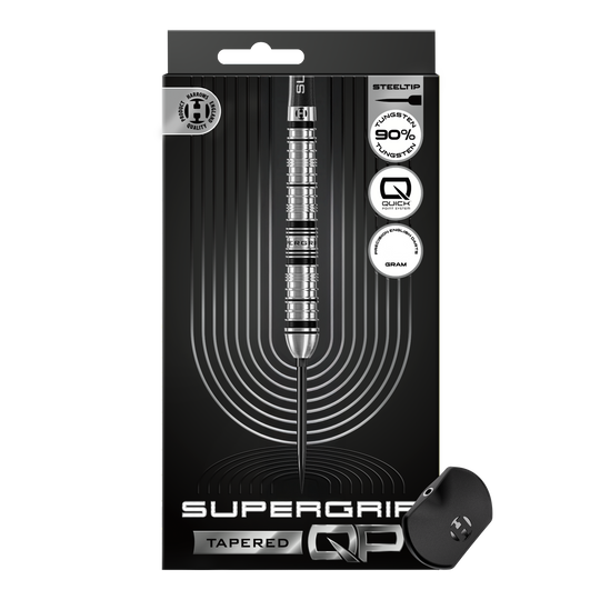 Zu sehen sind die Harrows Supergrip QP Tapered Quick Point Steeldarts. Die Darts bieten ein modernes Design und optimale Spieleigenschaften.