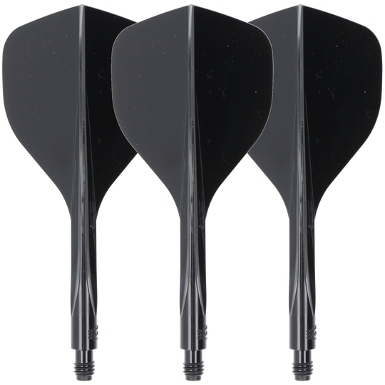 Condor Axe 120 Flight-System Black - Standard Das Bild zeigt drei schwarze Dartflights mit integriertem Schaft. Es handelt sich um das Produkt "Condor Axe 120 Flight-System Black - Standard".