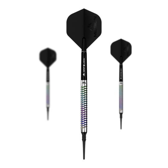 Mission Mirage Softdarts - 20g Das Bild zeigt ein Set der Mission Mirage Softdarts - 20g. Alle Teile des Dart-Sets sind zu erkennen.