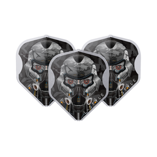 Das Bild zeigt drei Dart-Flights mit einem futuristischen Soldaten-Design in Grau- und Schwarztönen. Auf den Flights steht unten rechts "L-Style".