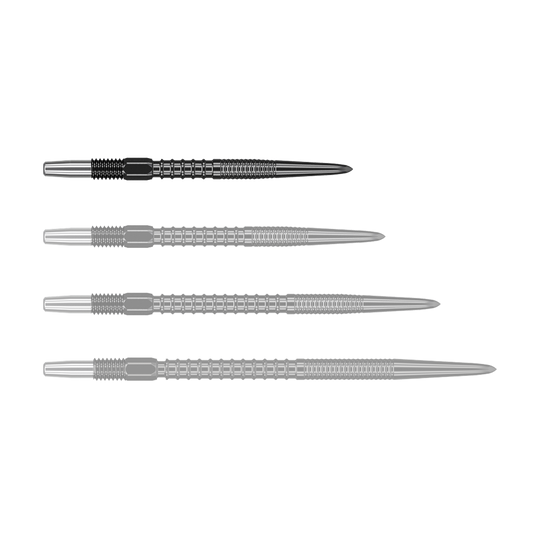 Auf dem Bild sind vier schwarze Dartspitzen in einer Reihe zu sehen. Sie sind aus Metall und haben ein modernes, gerilltes Design.
