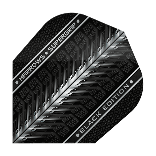 Harrows Supergrip Black-Edition No6 Flights Das Bild zeigt das Produkt "Harrows Supergrip Black-Edition No6 Flights". Das Flight ist schwarz mit silbernen und grauen Akzenten sowie der Aufschrift "HARROWS SUPERGRIP BLACK EDITION".