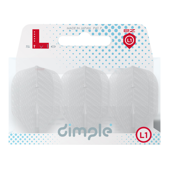 Das Bild zeigt eine Packung mit drei klaren Dartflights der Marke L-Style, Modell "Dimple L1 EZ". Die Verpackung ist überwiegend weiß mit blauen Punkten und dem Schriftzug „dimple“.