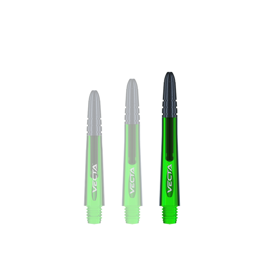 Das Bild zeigt drei grüne Winmau Vecta Shafts für Dartpfeile. Sie sind in verschiedenen Längen abgebildet und haben schwarze Spitzen.