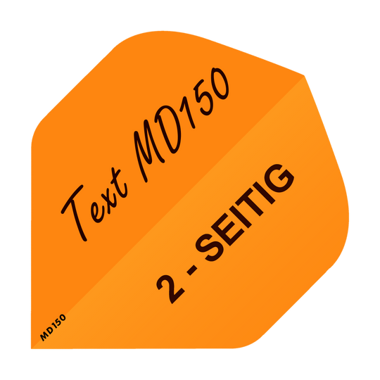 MD-204_2-Seitig_Bedruckte_Flights_Wunschtext_MD150_Neonorange_Standard_1 Das Bild zeigt einen orangefarbenen, bedruckten Dartflight mit der Aufschrift "Text MD150" und "2-SEITIG". Der Flight ist Teil des Produkts "10 Satz Bedruckte Flights 2-Seitig - Wunschtext - MD150 Standard".