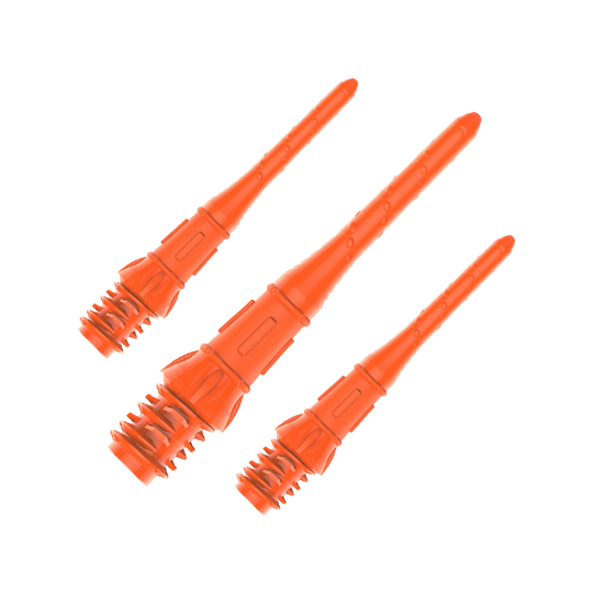 Premium Lippoints (30er Pack) - Spitzen Das Bild zeigt drei orangefarbene Dartspitzen mit Gewinde. Sie sind in einer Reihe auf einem transparenten Hintergrund angeordnet.