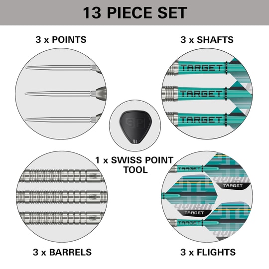 Target Hydro 03 Swiss Point Steeldarts Zu sehen sind die Target Hydro 03 Swiss Point Steeldarts. Die Steeldarts werden detailliert ausgeleuchtet.