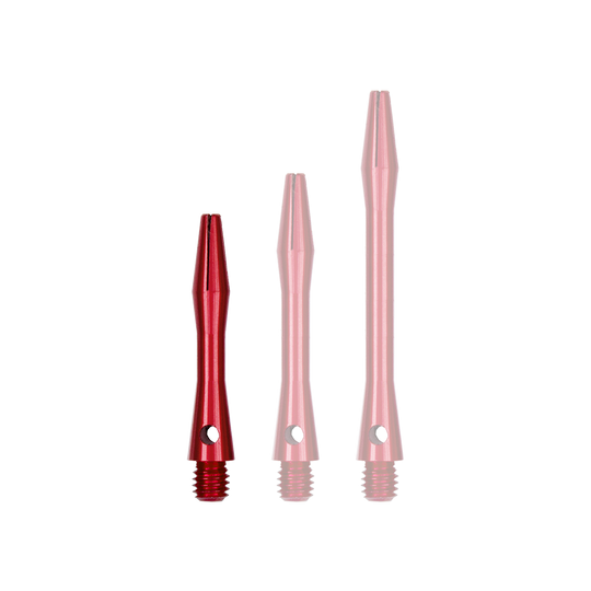 Das Bild zeigt drei Aluminium-Schäfte in roter Farbe. Sie sind unterschiedlich lang und haben ein Gewinde an einem Ende.