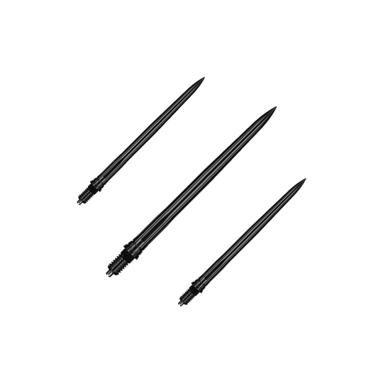 Ein Set von schwarzen glatten Dartspitzen ist abgebildet. Das Produkt heißt EVO183 Caliburn EZ-EVO Dartspitzen Smooth Schwarz 36mm.