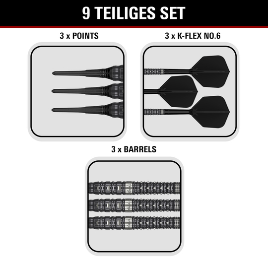 Target Black Marque Eclipse Softdarts mit 21g-Gewicht werden dargestellt. Das Produkt zeichnet sich durch ein elegantes schwarzes Design aus.