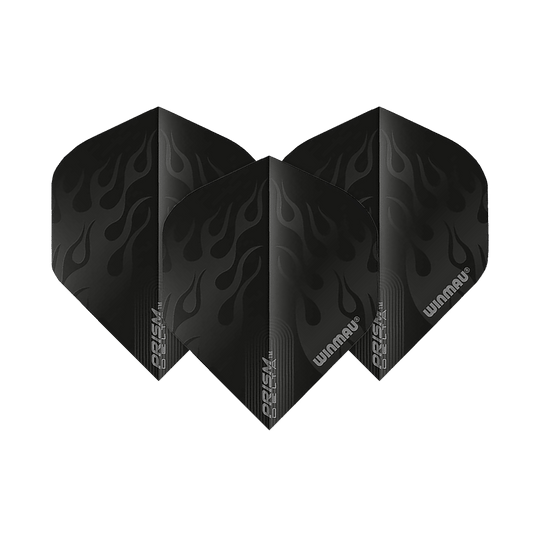 Das Bild zeigt drei schwarze Dart-Flights des Modells "Winmau Prism Delta 6915.202 Standard". Die Flights haben ein Flammenmuster und das Winmau-Logo ist darauf zu sehen.