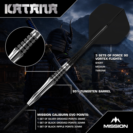 Mission Katana Steeldarts Mission Katana Steeldarts werden präsentiert. Das Foto zeigt das Produkt detailliert für eine bessere Ansicht.