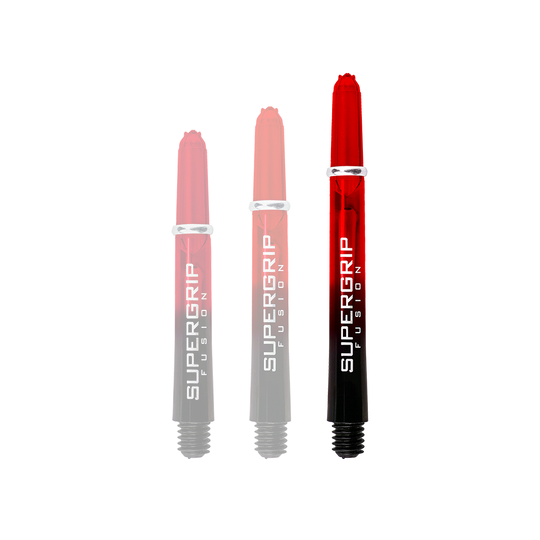 Das Bild zeigt drei Harrows Supergrip Fusion Shafts in Rot. Die Schäfte sind teilweise rot und schwarz gefärbt und tragen den Schriftzug "SUPERGRIP FUSION".
