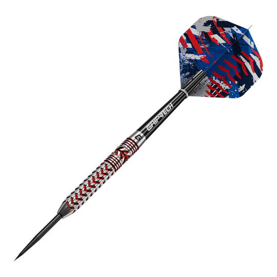 Abgebildet sind die GOAT Curveball Steeldarts. Die Steeldarts werden aus einer anderen Perspektive gezeigt.