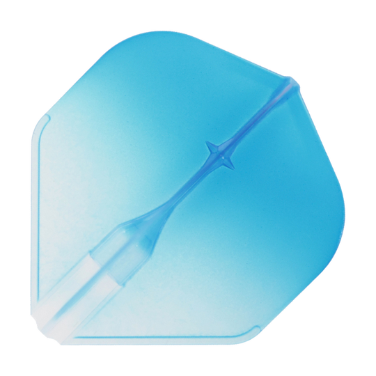 Das Bild zeigt einen transparenten, blauen Dart-Flight in L-Form. Die Oberfläche wirkt leicht glänzend und gleichmäßig gefärbt.