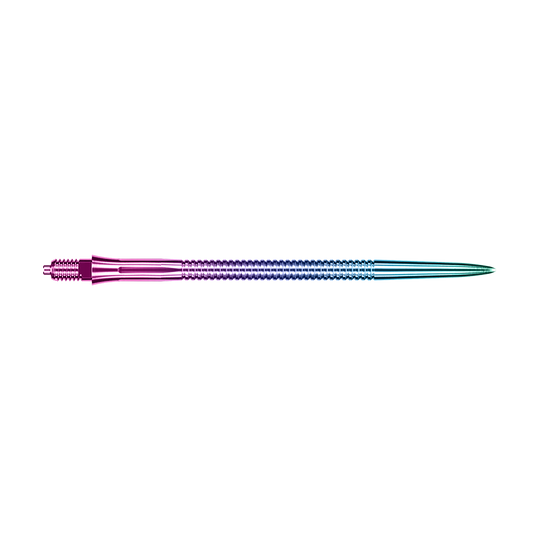Gezeigt werden Caliburn EZ-EVO Dartspitzen mit Rillen im Rainbow-Design, 45 mm Länge. Das Set enthält Dartspitzen mit auffälligen Regenbogenfarben.