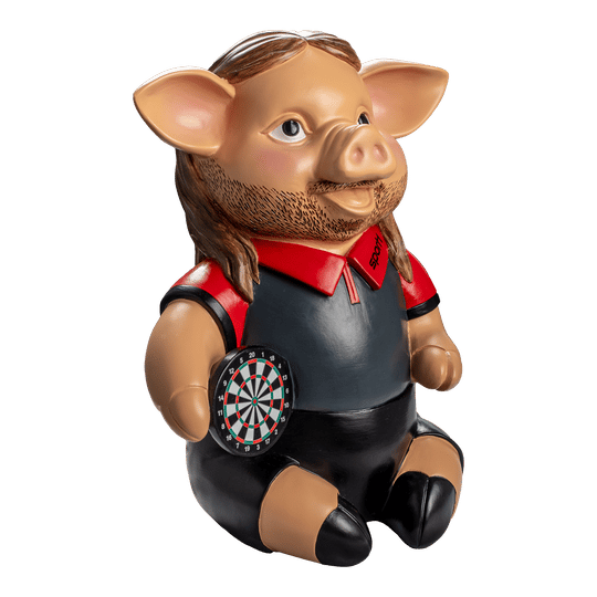 Sport1 Headbanger Phrasenschwein Das Bild zeigt eine lustige Spardose in Form eines Schweins mit Bart und langen Haaren. Das Schwein trägt ein Sport1-Trikot und hält eine Dartscheibe in der Hand.